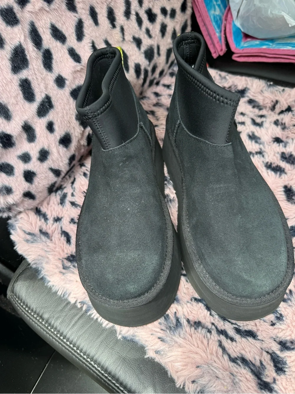 UGG Black Platform Ankle Boot with Yellow Pull Tab